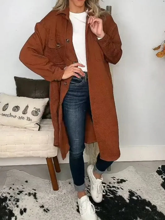 Single-Breasted Knee-Length Collar Button-Down Jacket