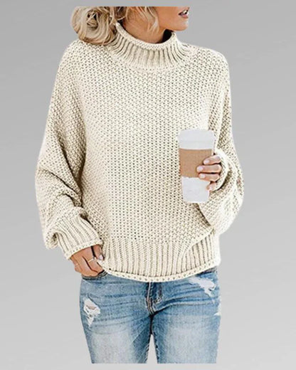 Women's Knit Sweater - Chunky Turtleneck - Relaxed Fit - Long Balloon Sleeves