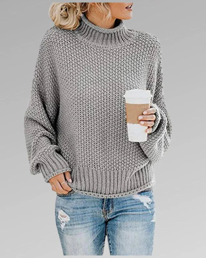 Women's Knit Sweater - Chunky Turtleneck - Relaxed Fit - Long Balloon Sleeves