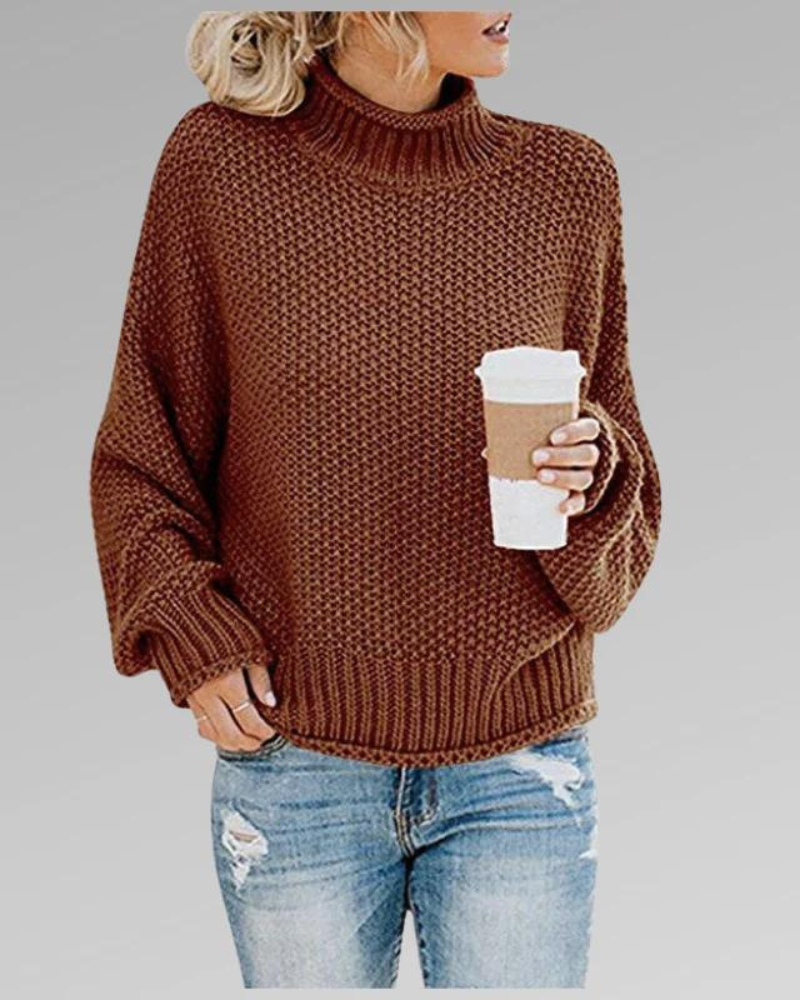 Women's Knit Sweater - Chunky Turtleneck - Relaxed Fit - Long Balloon Sleeves
