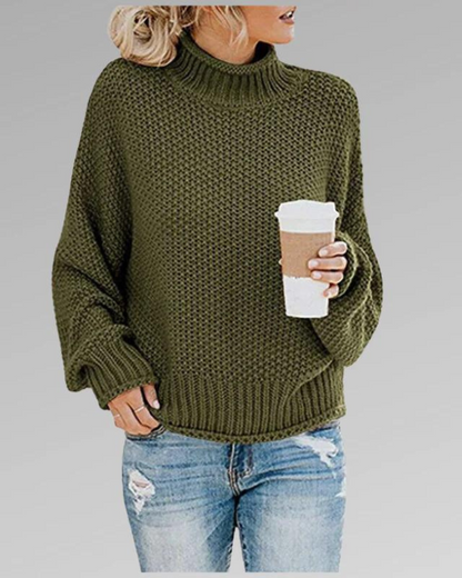 Women's Knit Sweater - Chunky Turtleneck - Relaxed Fit - Long Balloon Sleeves