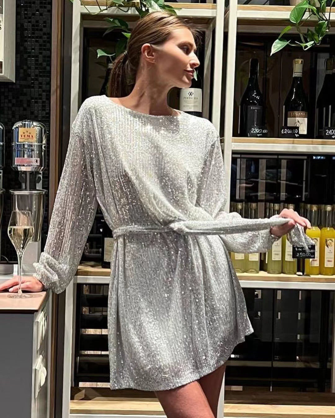 Sequin Cinched Waist Elegant Fit Dress