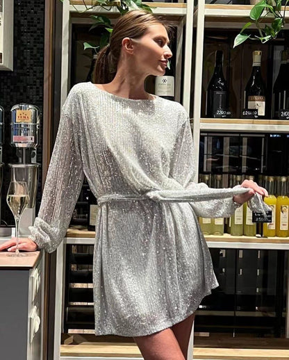 Women's Sequin Dress - Boat Neck - Three-Quarter Sleeve - Cinched Waist Elegant Fit