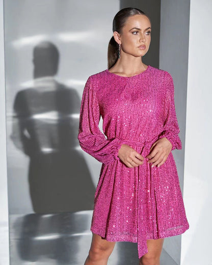 Women's Sequin Dress - Boat Neck - Three-Quarter Sleeve - Cinched Waist Elegant Fit