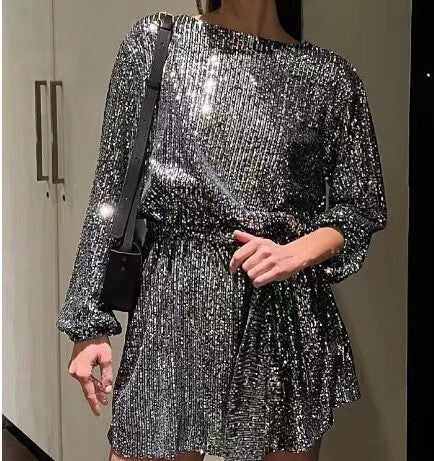 Sequin Cinched Waist Elegant Fit Dress