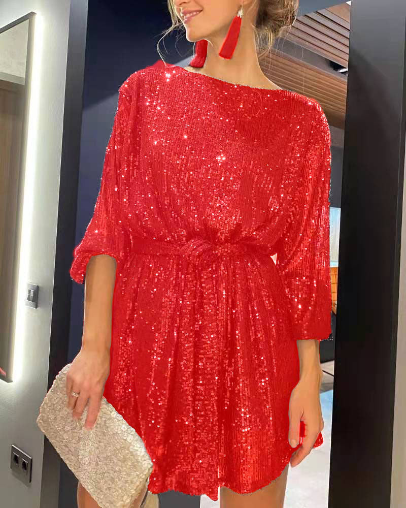 Sequin Cinched Waist Elegant Fit Dress