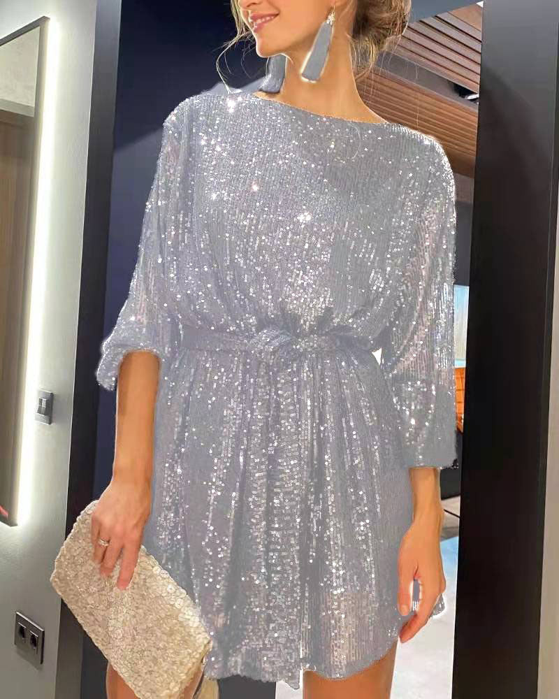 Sequin Cinched Waist Elegant Fit Dress