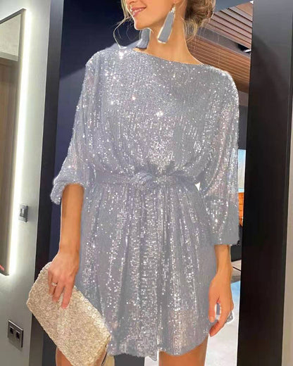 Women's Sequin Dress - Boat Neck - Three-Quarter Sleeve - Cinched Waist Elegant Fit