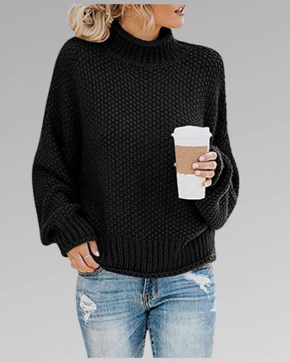 Women's Knit Sweater - Chunky Turtleneck - Relaxed Fit - Long Balloon Sleeves