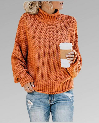 Women's Knit Sweater - Chunky Turtleneck - Relaxed Fit - Long Balloon Sleeves