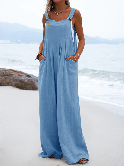 Women's Wide-Leg Jumpsuit - Breathable Fabric - Relaxed Fit - Button Straps & Pockets