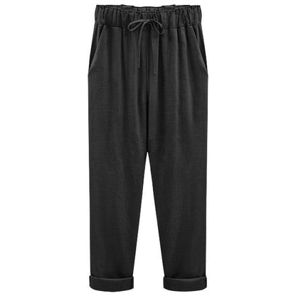 Women's Linen Pants - Loose Fit - Elastic Waist with Drawstring - Cropped Casual Wear