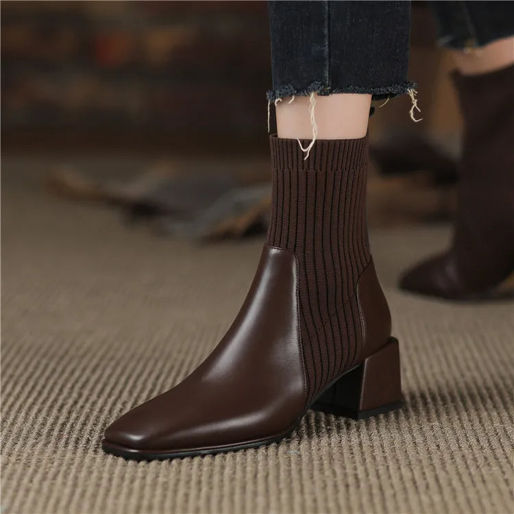 Women's square toe martin boots with elastic knitted socks