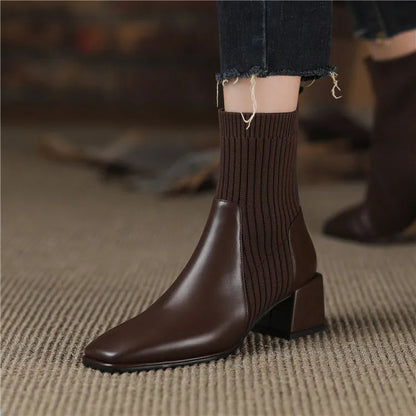 Women's square toe martin boots with elastic knitted socks