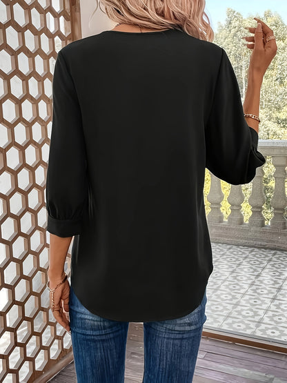 Women's V-Neck Blouse - Notched Lapel Collar - Three-Quarter Sleeves - Relaxed Fit