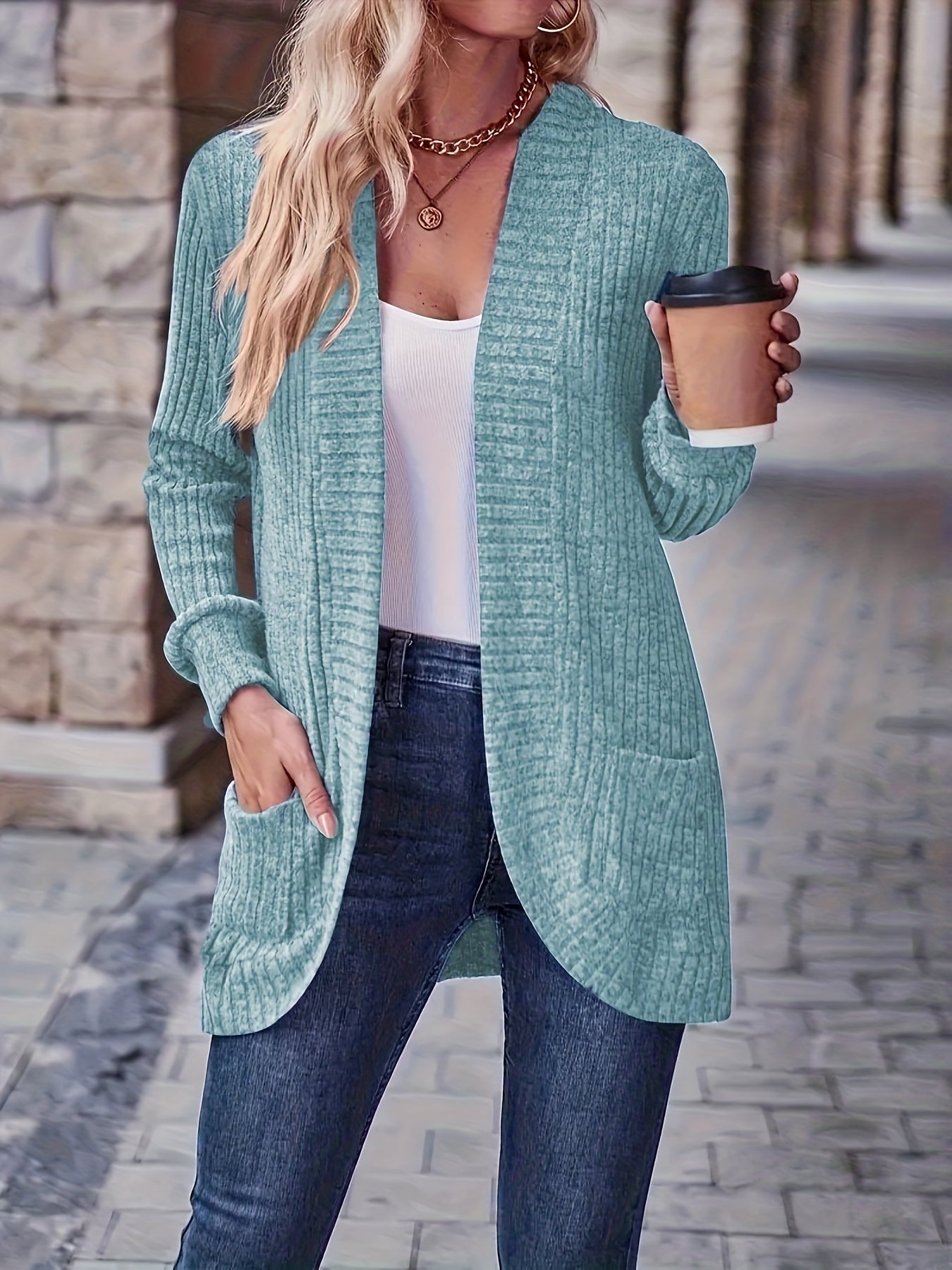 Open front ribbed longline casual cardigan sweater for women