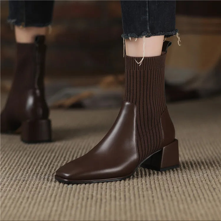 Women's square toe martin boots with elastic knitted socks