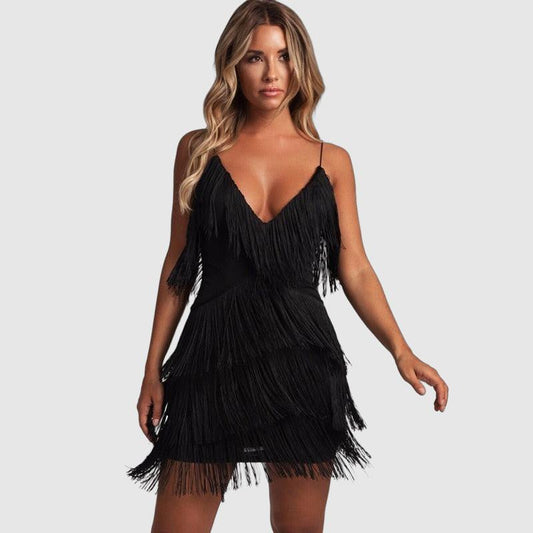 Fringed Layered Fitted V-Neck Mini Dress