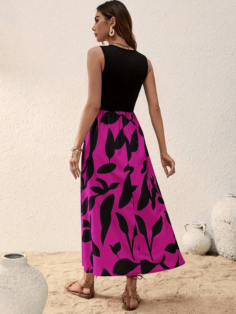 Flowy Botanical Print Sleeveless Maxi Dress