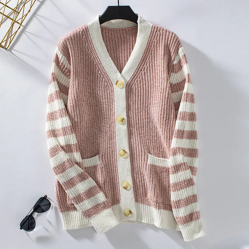 Striped Loose Button-Up Cardigan Sweater