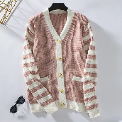 Women's striped loose button-up cardigan sweater