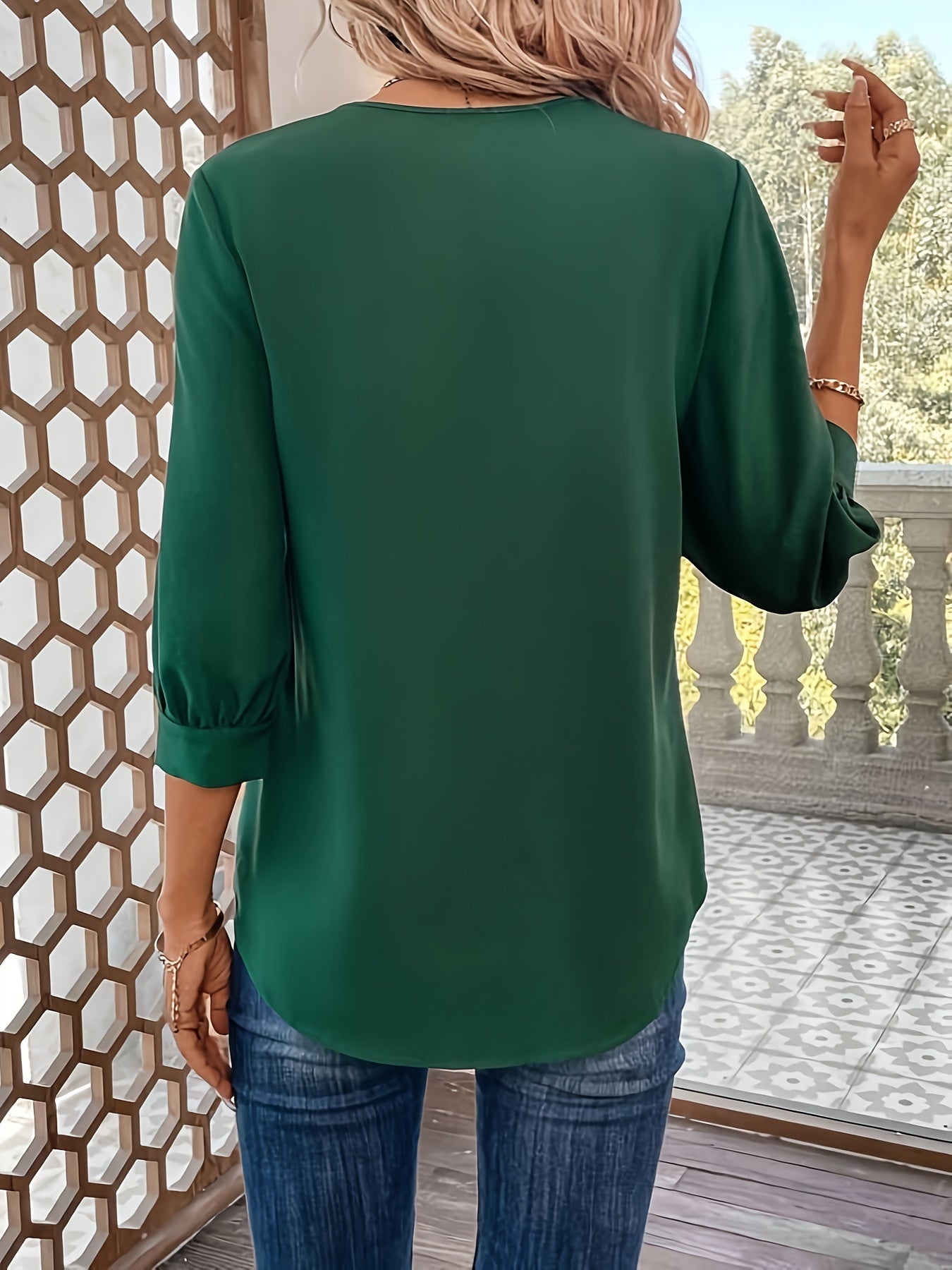 Women's V-Neck Blouse - Notched Lapel Collar - Three-Quarter Sleeves - Relaxed Fit