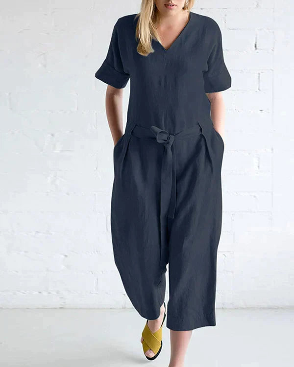 Women's Jumpsuit - V-Neck Short Sleeve - Tie Waist Loose Fit - Cropped Length Casual Wear