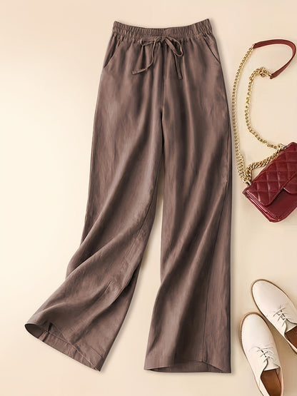 Women's Linen Wide-Leg Pants - Elastic Waist - Lightweight Breathable Fabric - Full Length