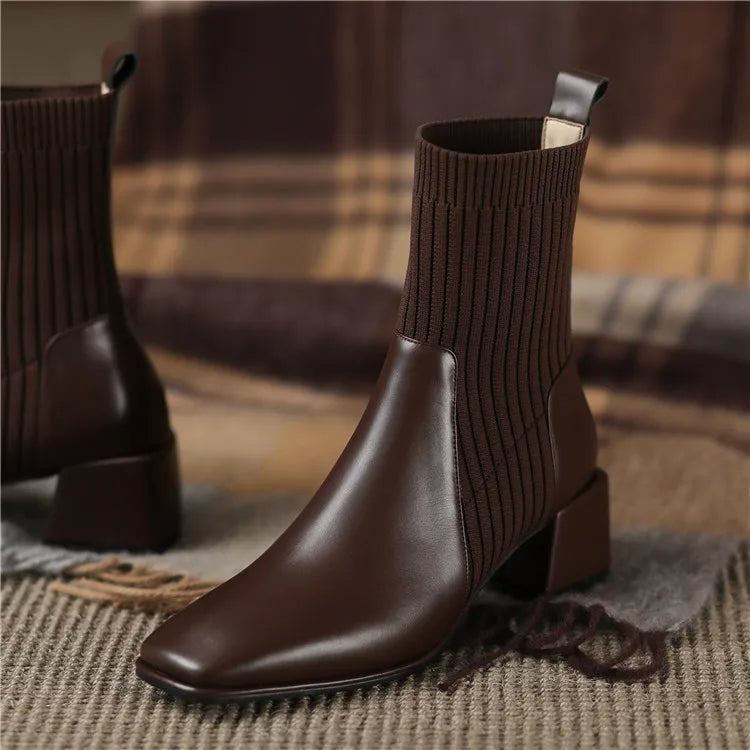 Women's square toe martin boots with elastic knitted socks