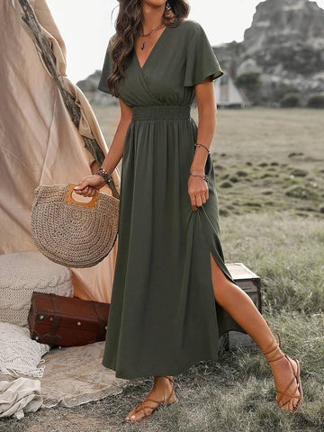 V-neck short sleeve smocked waist maxi dress for women