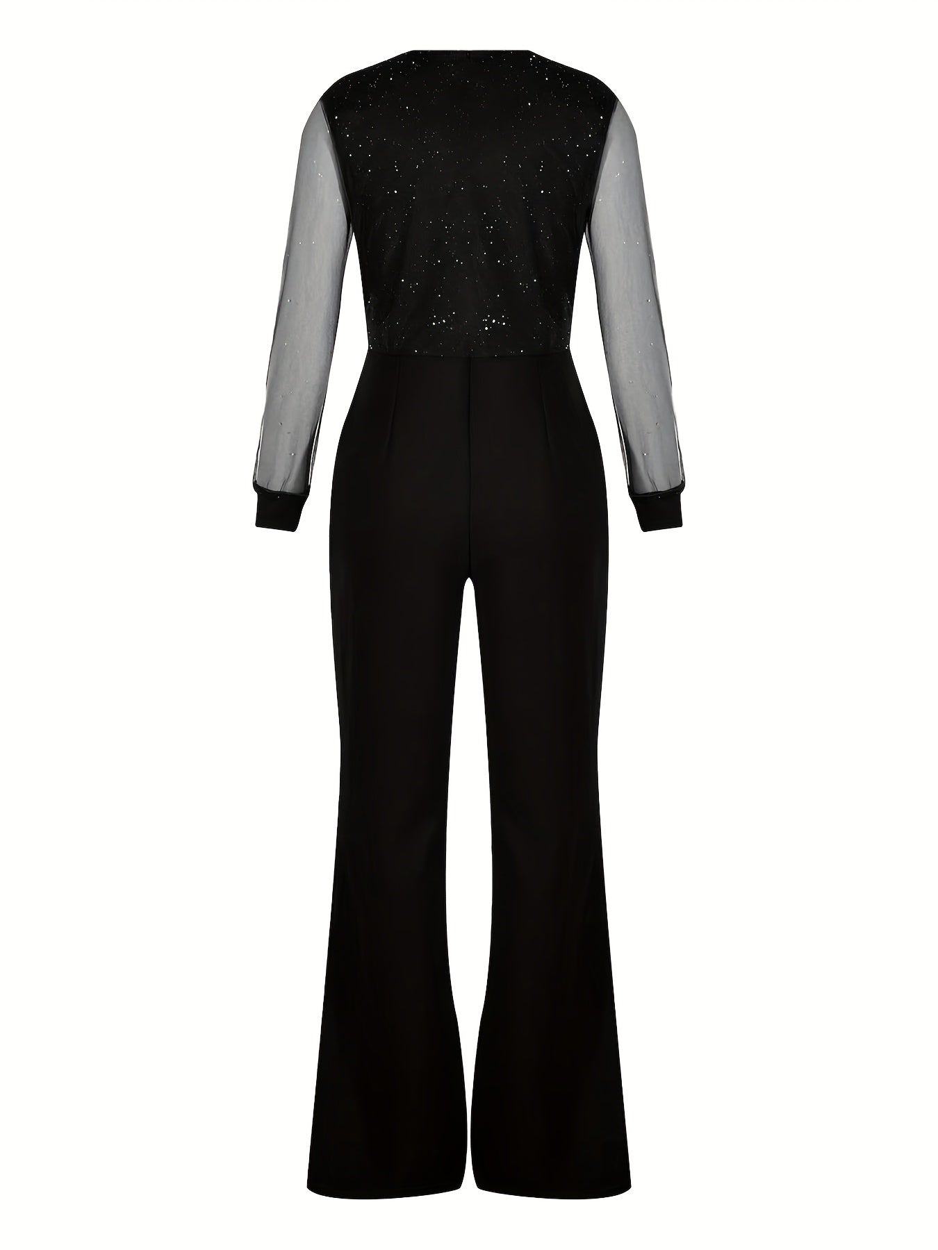 Women's Jumpsuit - Deep V-Neck - Sheer Sleeve with Sparkling Detail - Wide-Leg Fit