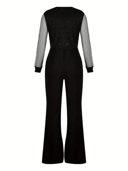 Women's Jumpsuit - Deep V-Neck - Sheer Sleeve with Sparkling Detail - Wide-Leg Fit