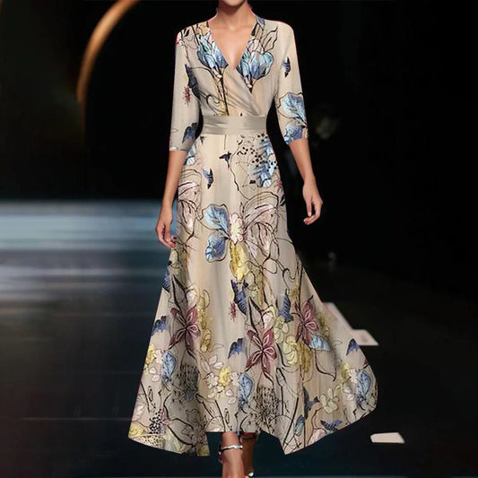 Elegant Floral Pattern A-Line Maxi Dress