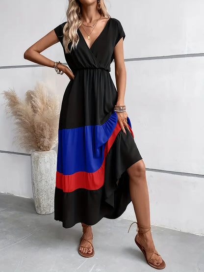Women's Maxi Dress - V-Neck Short Sleeve - Cinched Waist Flowing Fit - Asymmetrical Hem