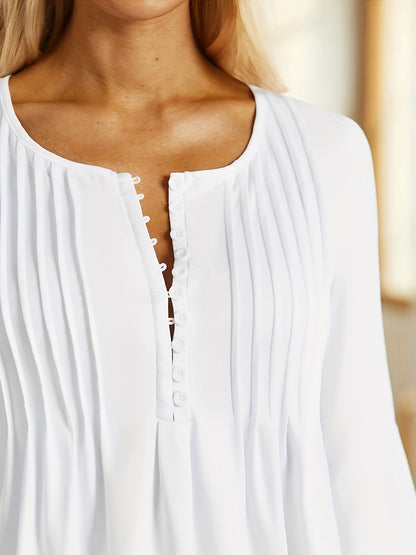 Women's Blouse - Pleated Design - V-Slit Neckline with Buttons - 3/4 Flare Sleeves