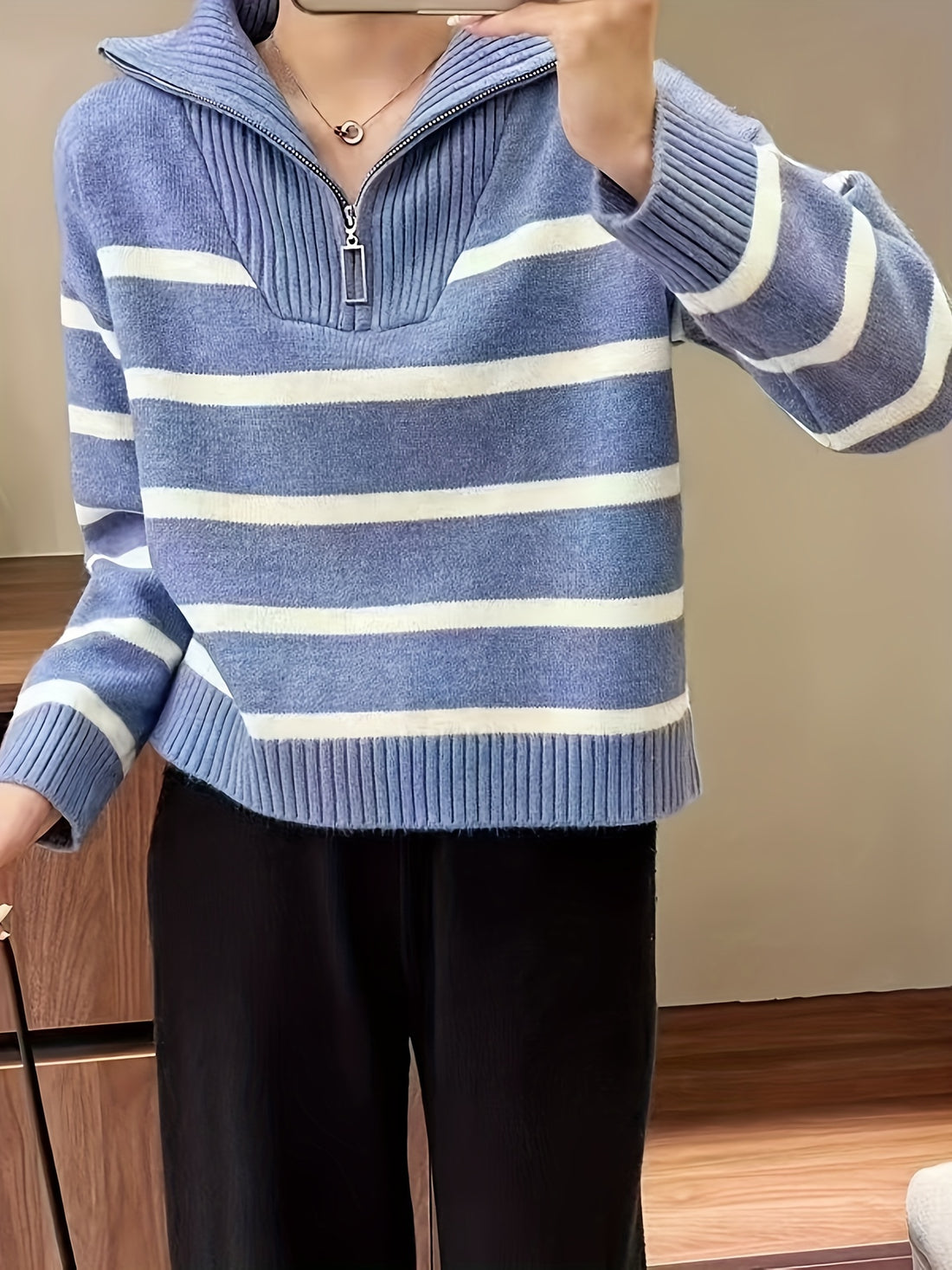 Striped quarter-zip pullover sweater with ribbed collar for women