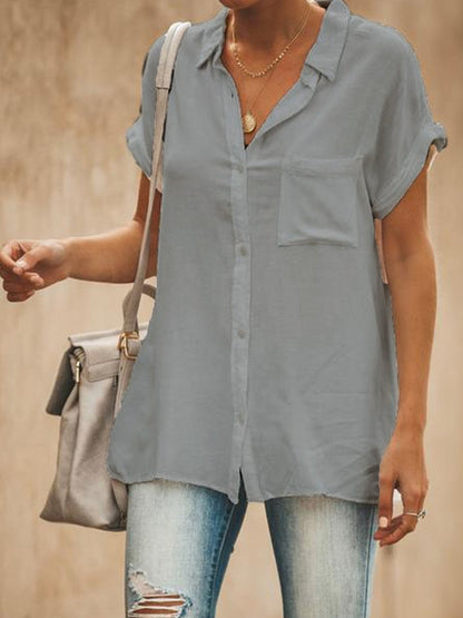 Women’s Collared Top – Relaxed Fit – Short Sleeve – Button Front – Natural Fibers