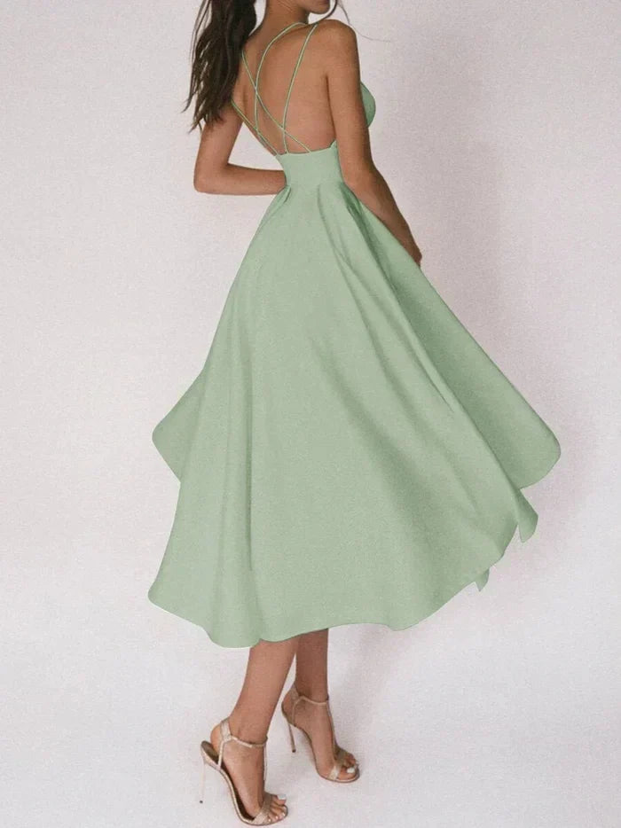 Women's Halter Neck Dress - Crisscross Back - Fitted Waist - Flowing Midi Skirt