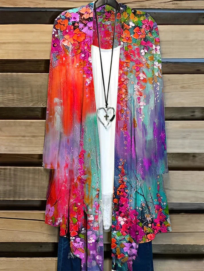 Long-sleeved digital print cardigan cape jacket for women