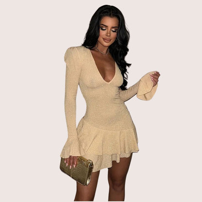 Women's Mini Dress - Deep V-Neck - Long Sleeve with Flared Cuffs - Fitted Silhouette
