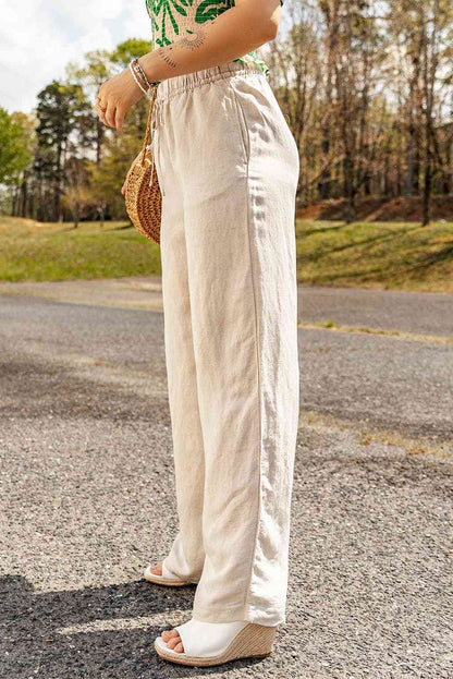 Women's Wide-Leg Pants - Cotton Linen Blend - Elastic Drawstring Waist - Relaxed Fit