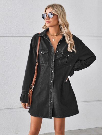 Women's Denim Shirt Dress - Button Down - Long Sleeve - Chest Pockets - Mini Length