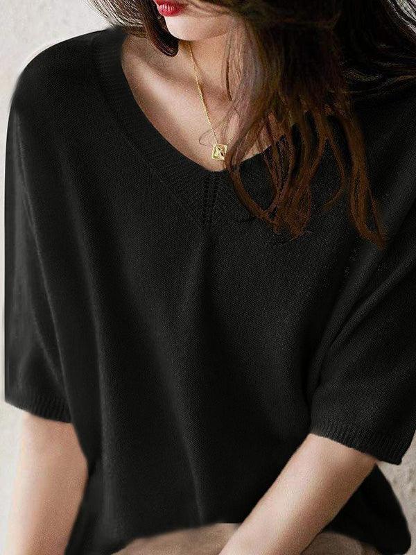 Women's v-neck five-point sleeves sweater