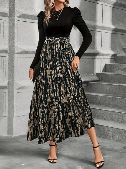 Women's Maxi Dress - Fitted Bodice - Long Sleeve Puff Shoulder - Flowing Skirt