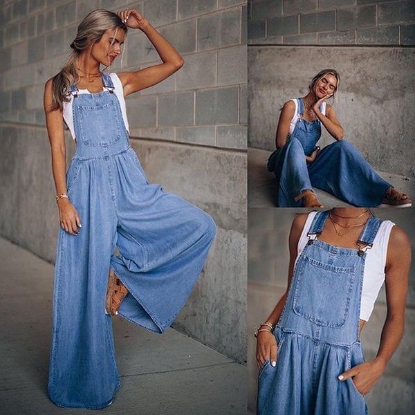 Women's Denim Overalls - Wide Leg - Adjustable Straps - Relaxed Fit Casual Wear
