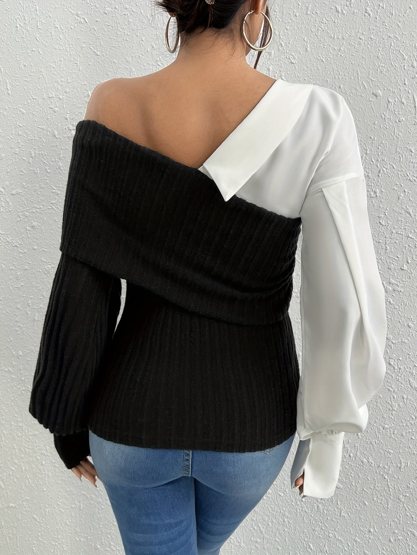 Women's Off-Shoulder Ribbed Knit Top – Asymmetrical Design – Long Sleeve Stylish Fit