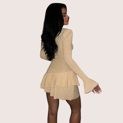Women's Mini Dress - Deep V-Neck - Long Sleeve with Flared Cuffs - Fitted Silhouette