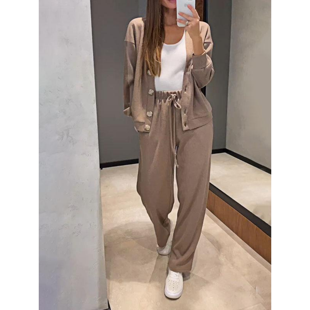 Women's v-neck button-down cardigan and drawstring sweatpants set