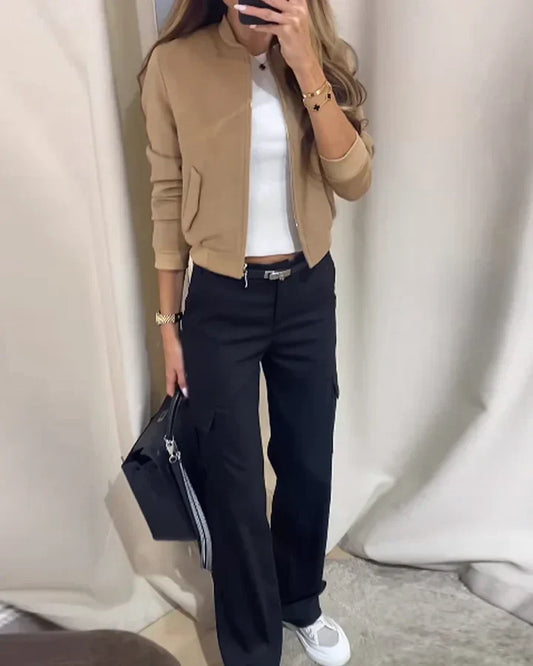 Casual Long Sleeve Straight Pants Set