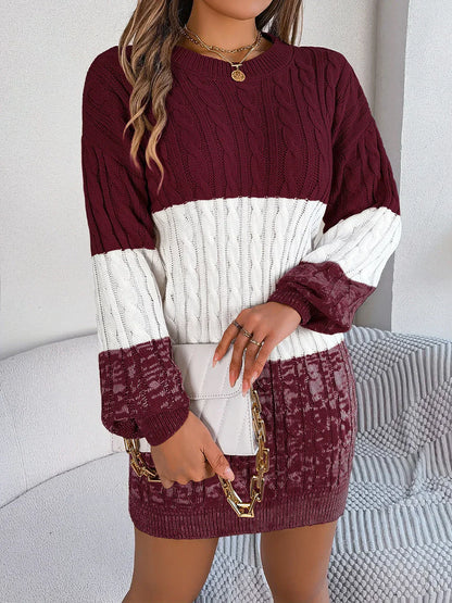 Women's Sweater Dress - Cable Knit - Color Block - Long Sleeve - Relaxed Fit
